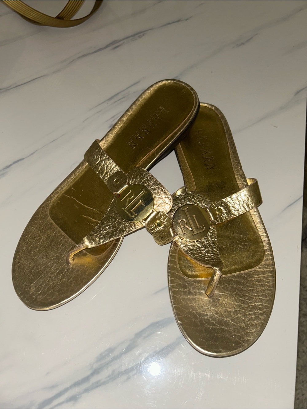 Ralph Lauren Metallic Gold Leather Logo Thong Sandals